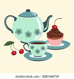 Té y delicioso quequito con cereza para la fiesta del té. Un hervidor de té y una ilustración vectorial de la taza de té dibujada a mano.