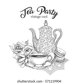 Tea and delicious macaroons to tea party. Vector illustration with the words Tea Party with style vintage. Hand drawn sketch isolated on white. Teakettle and tea cup on lace doily.