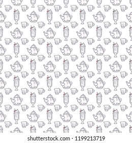 Tea and delights vector seamless pattern. Tea pot, cups and creamy desserts background in colors of gray and pink