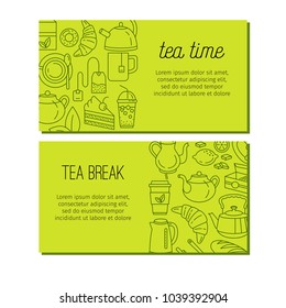 Tea design banners. Modern icons for tea shop and tea house. Colorful template for your design, prints and illustrations. Symbol for websites and print media. Line style Vector banners.