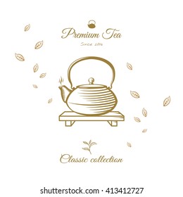Tea design cover. Kettle on stand with leaves. Tea vector engraving illustration.
