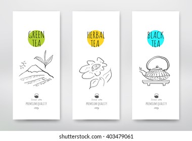 Tea design package. Green tea packaging design hand-drawn style. Black tea vector illustration. Herbal tea sign.