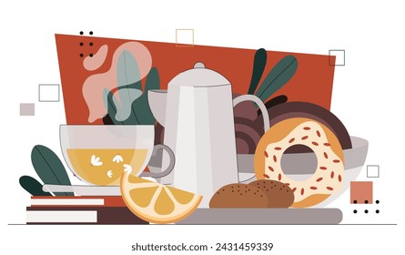 Tea with dessert concept. Hot drink in teapot and cup. Beverage with lemon and bakery or pastry products. Donut and cookies. Cartoon flat vector illustration isolated on white background