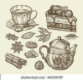 Tea, dessert, food. Hand drawn pie, pasty, piece of cake, cup, teapot, anise, cinnamon, chocolate sweets. Sketch vector illustration