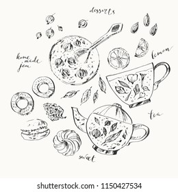 Tea and dessert ink illustration. Berry jam, macaron, lemon, teapot, cup, leaves, marshmellow, bread ring. For food background andcoloring book page.