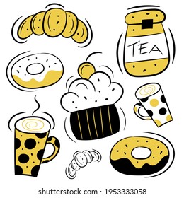 Tea and dessert isolated vector doodle elements.