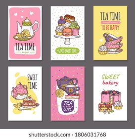 Tea and dessert time set of cards or posters design with utensils for tea brewing and cakes, sketch cartoon vector illustration. Teatime design for drink bar or teahouse.