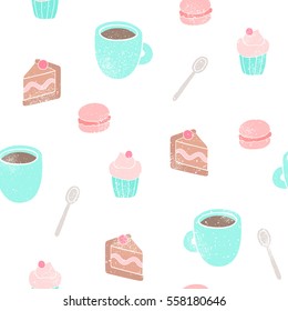 Tea and desserts background. Vector seamless pattern. 