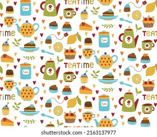 Tea desserts colorful cute hygge style seamless vecto pattern