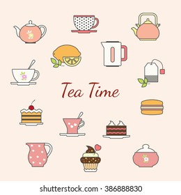 Tea and desserts flat design icons set