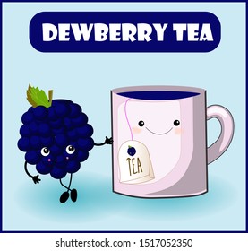 tea from dewberry. Cup character, mooseberry cheerful berry with face, eyes and smile. Healthy food. Vitamins and minerals autumn