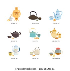 Tea from different countries - traditional drink set in teapot or kettle and cup with snack isolated on white background. Vector illustration of beverage culture.