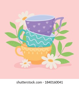 tea, different teacups with flowers and leaves design vector illustration