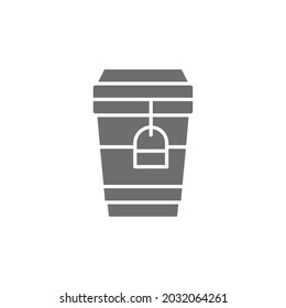 Tea in disposable cardboard cup, takeaway grey icon.