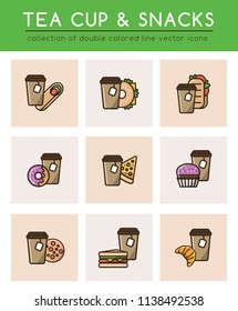 Tea disposable paper cup with tea bag and different fast food for a quick snack. Collection of 9 icons of takeaway food and drinks.Isolated bright pictograms in trend flat style with black line