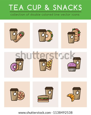 Tea disposable paper cup with tea bag and different fast food for a quick snack. Collection of 9 icons of takeaway food and drinks.Isolated bright pictograms in trend flat style with black line
