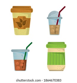 tazas desechables de té e iconos de contenedor colección ilustración vectorial