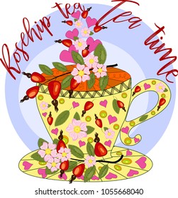 Tea with dog rose. Tea cooked with love. Hand drawn design element