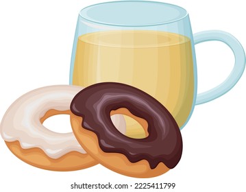 Tea with donuts. Hot tea with sweet dessert. Chocolate and cream donuts with a cup of tea. Vector illustration