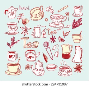  Tea doodle sketch elements.Hand drawn vector illustration