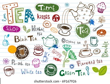 Tea Doodles, set of vector hand-drawn pictures and inscriptions.