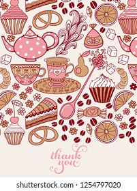 Tea doodles vector greeting poster. Hand drawn doodle tea time vector illustration. Isolated drink symbols collection.  Coffee and confectionery in organic style.