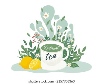 Tea drink concept. White cup with organic tea. Cartoon mug with herbs and chamomile and lemon. Breakfast time with healthy products. Ceremony with green traditional drink. Relaxation vector