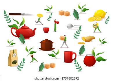 Tea drink object set elements, vector illustration. Morning making liquid in large cup, green leaf, brown sugar, lemon and ginger slices. People man woman character cook antioxidant aromatic tea.