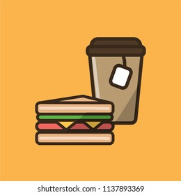 Tea drink in paper cup with cap and tea bag and classical sandwich. Colorful isolated vector icon in flat style with outline for your project