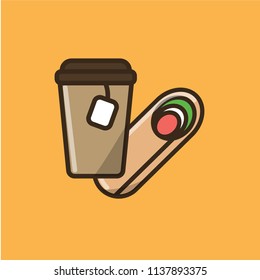 Tea drink in paper cup with cap and tea bag and salad roll. Colorful isolated vector icon in flat style with outline for your project