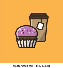 Tea drink in paper cup with cap and tea bag and muffin or cupcake. Colorful isolated vector icon in flat style with outline for your project