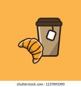 Tea drink in paper cup with cap and tea bag and fresh croissant. Colorful isolated vector icon in flat style with outline for your project