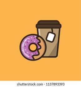 Tea drink in paper cup with cap and tea bag and donut. Colorful isolated vector icon in flat style with outline for your project