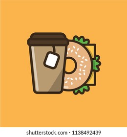 Tea drink in paper cup with cap and tea bag and bagel sandwich. Colorful isolated vector icon in flat style with outline for your project