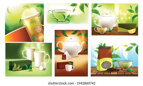 Tea Drink Promo Advertising Banners Set Vector. Tea Cup And Mug, Package And Teapot, Nature Leaves And Bag Different Posters. Organic Herbal Beverage Concept Template Realistic 3d Illustrations