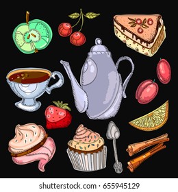 Tea drinking collection. Tea party elements, tea pot, sweets, cakes, bakery. Hand drawn vector illustration