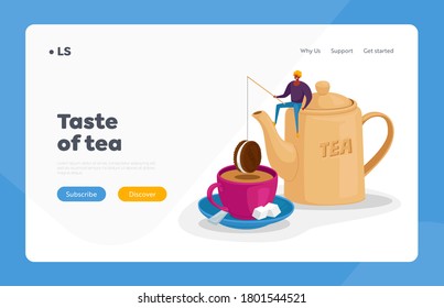 Tea Drinking Landing Page Template. Tiny Male Character Sit on Huge Teapot Put Chocolate Cookie on Rod at Huge Cup with Tea and Sugar on Saucer. Hot Drink for Cold Season. Cartoon Vector Illustration