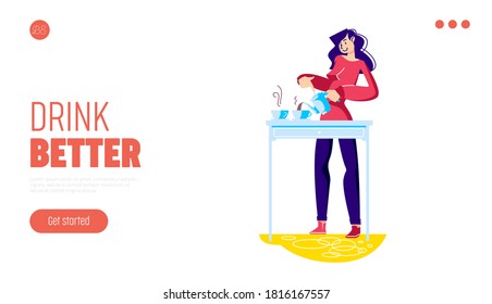 Tea drinking landing page template with young girl pouring hot aroma beverage from tea pot to cups. Website template design. Cartoon vector illustration