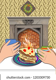 Tea drinking on the background of a burning fireplace. Vector illustration