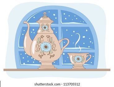 Tea drinking on a winter evening. Vector illustration.
