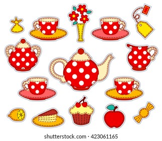 Tea drinking patchwork set. Vector illustration. Isolated on white.