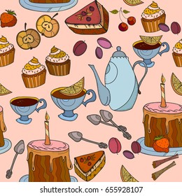 Tea drinking, peaches, cupcakes seamless pattern. Bakery vintage hand drawn background. Time for tea vector