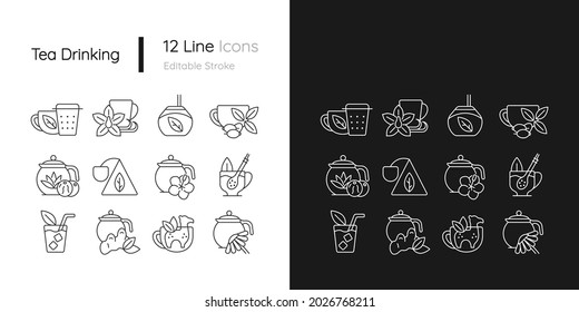 Tea drinking related linear icons set for dark and light mode. Tea with different additives. Drink in teacup. Customizable thin line symbols. Isolated vector outline illustrations. Editable stroke