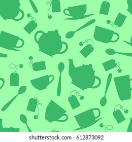Tea drinking. Seamless background from the silhouette of kitchen utensils. Pattern.