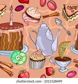 Tea drinking seamless pattern. Tea party elements, tea pot, sweets, cakes, bakery seamless background. Hand drawn vector