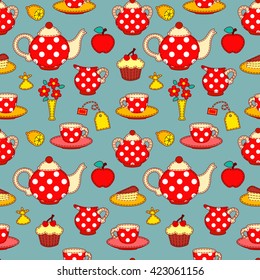 Tea drinking seamless pattern. Vector patchwork background.