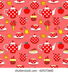 Tea drinking seamless pattern. Vector patchwork background.