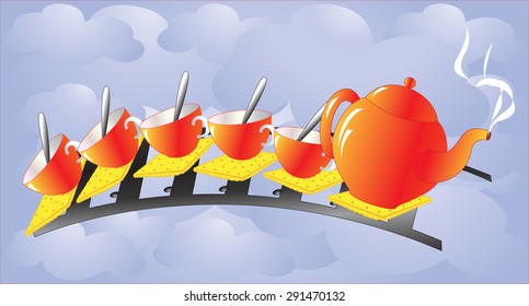 Tea drinking. Teapot and cups train. Vector illustration.