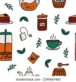 Tea drinking theme doodles vector seamless pattern background. Kitchen wallpaper. Food and beverage doodle backdrop. For posters, prints, package.