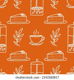 Tea drinking theme doodles vector seamless pattern background. Kitchen wallpaper. Food and beverage doodle backdrop. For posters, prints, package.